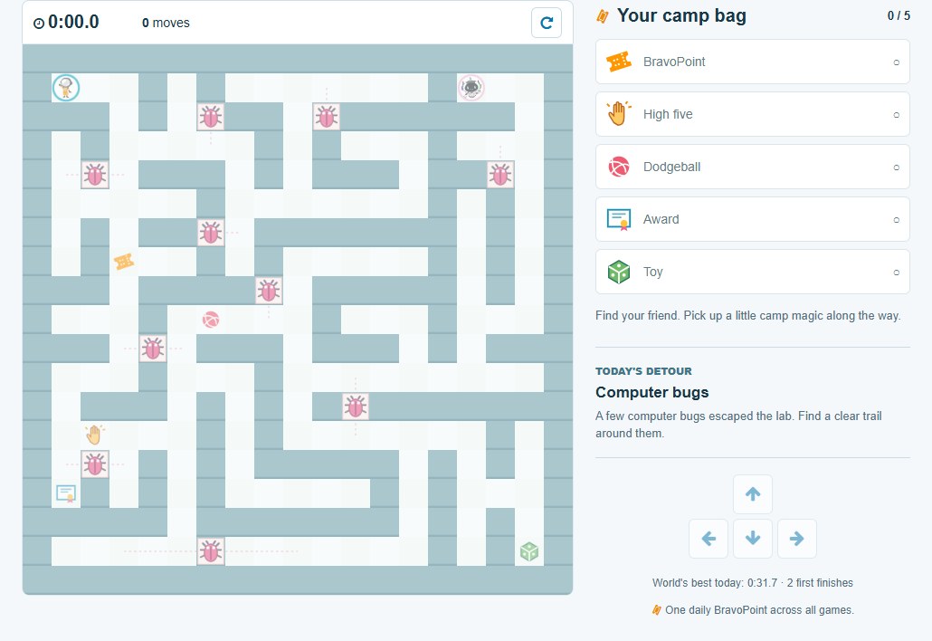 Camp Maze with winding paths, camp treasures, Nova, and Ash